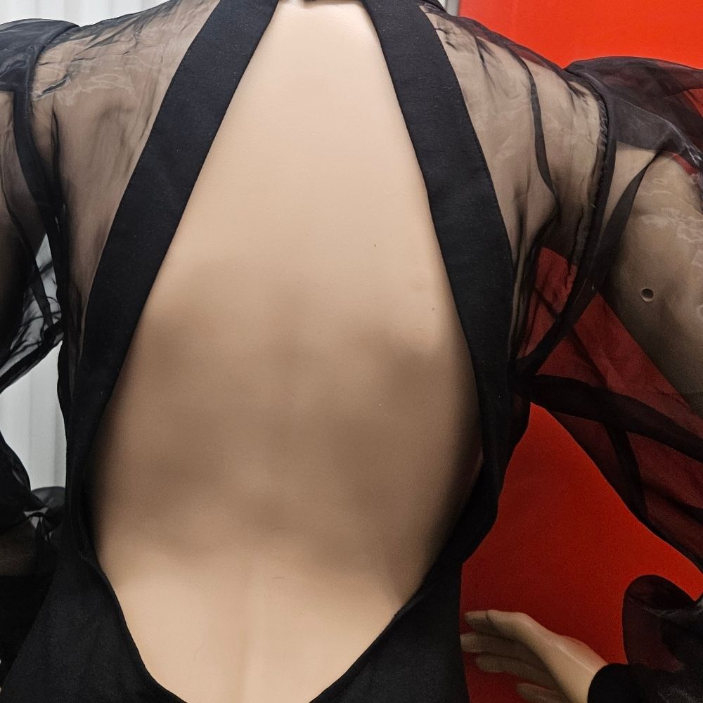NBD Bao Dress in Black Sheer Puff Sleeves Open Back - Picture 7 of 8